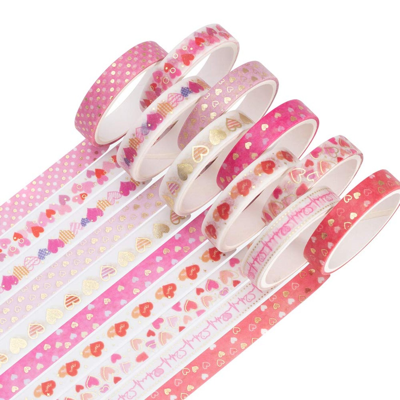 10 Rolls Sparkling Washi Tape Set 8mm Skinny Gold Foil Decorative Masking Washi Tapes for Journal,Scrapbook, Planner, DIY Crafts (Sweety Hearts)